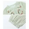 Women Pink V Neck Floral Embroidery Half Placket Three Quarter Sleeve Cotton Linen Blouse