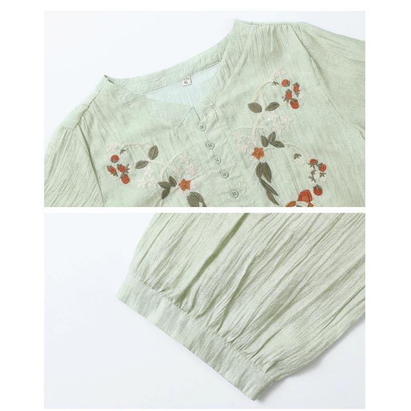 Women Pink V Neck Floral Embroidery Half Placket Three Quarter Sleeve Cotton Linen Blouse