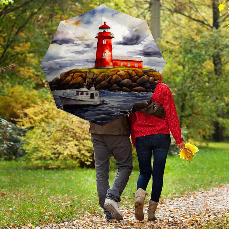 1pc Lighthouse Boat Automatic Folding Umbrella, Heavy Duty 8 Rib Iron Frame,  Suitable for Travel, Daily Use, Birthday, Decor Gift M0105111
