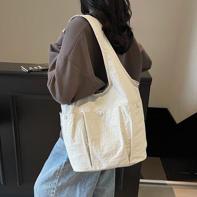 Women's Pleated Double Pocket Shoulder Bag Commuter Underarm Bag Large Capacity Tote Bag