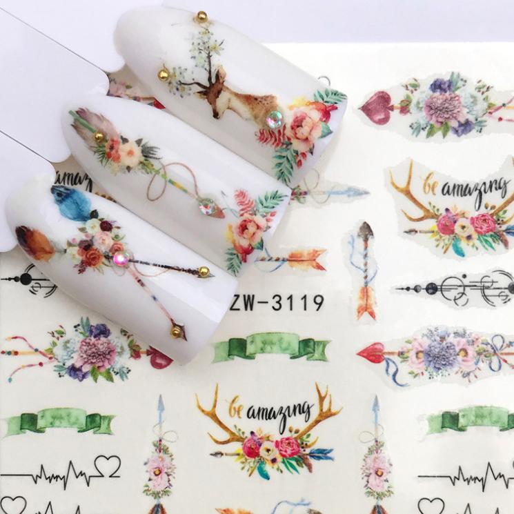 1 Sheet Flower Series Nail Art Water Transfer Sticker Full Wraps Deer Lavender Tattoo Flamingo Nail Tips DIY Decals Decoration