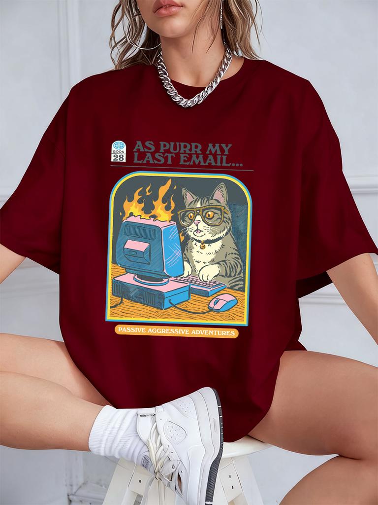 Cat Playing Computer Games Printed TShirts Womens Summer Cotton Short Sleeve T Shirt Loose ONeck Soft Tops Basic Woman Clothes