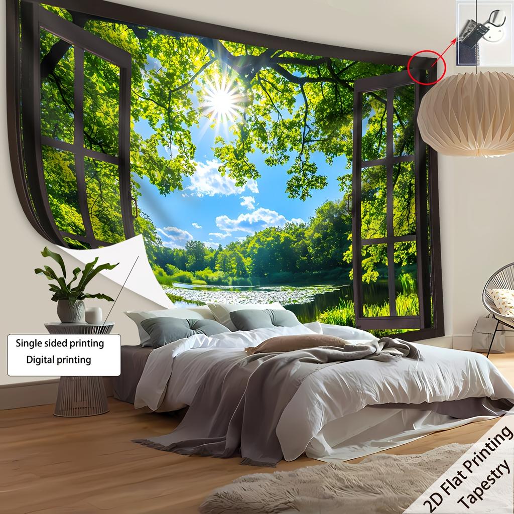 1Pc Forest Lake Sunshine Window View Tapestry Wall Hanging, Decorative Fabric Poster for Bedroom, Living Room, Dorm & Home Decor