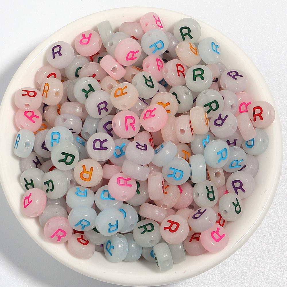 100Pcs/Lot 7mm Acrylic Luminous Beads Translucent Colorful Letter A-Z Flat Round Beads Diy Fashion Bracelet Necklace  Jewelry