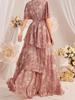 Women's Fashion V-neck Puff Sleeve Long Dress - Multi-layer Print Evening Party Gown