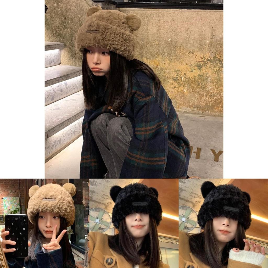 Elegant Bear Plush Knit Hat For Women Winter Warm Thick Fur Cap Beanie