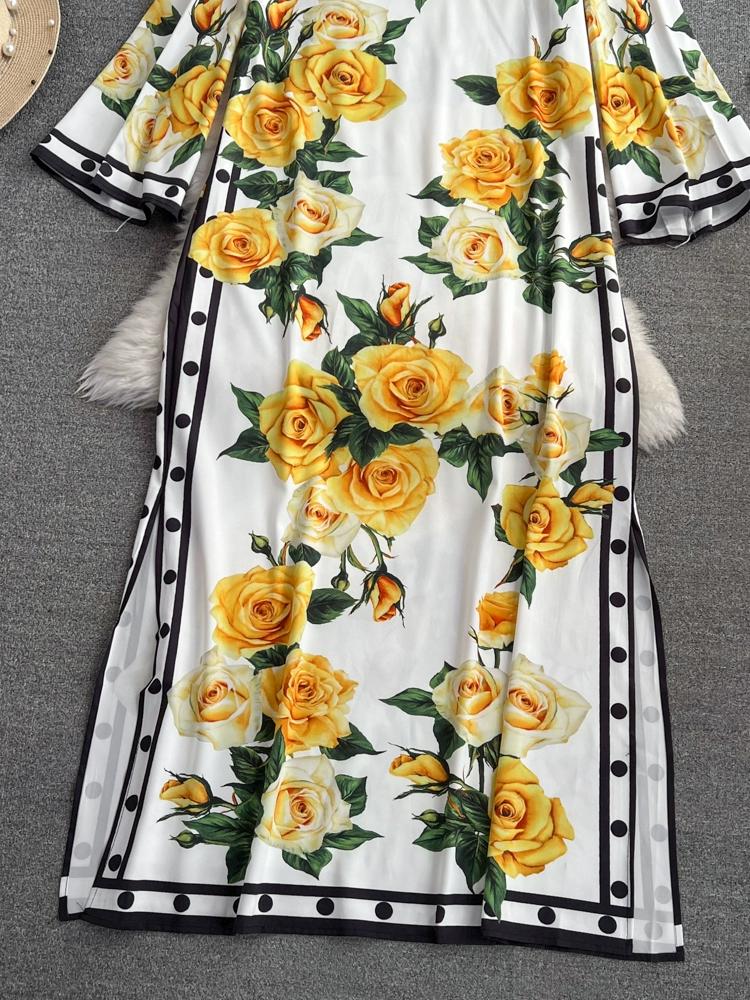 Summer Women Designer Print Runway Dresses Flare Sleeve Straignt Long Maxi Holiday Dress