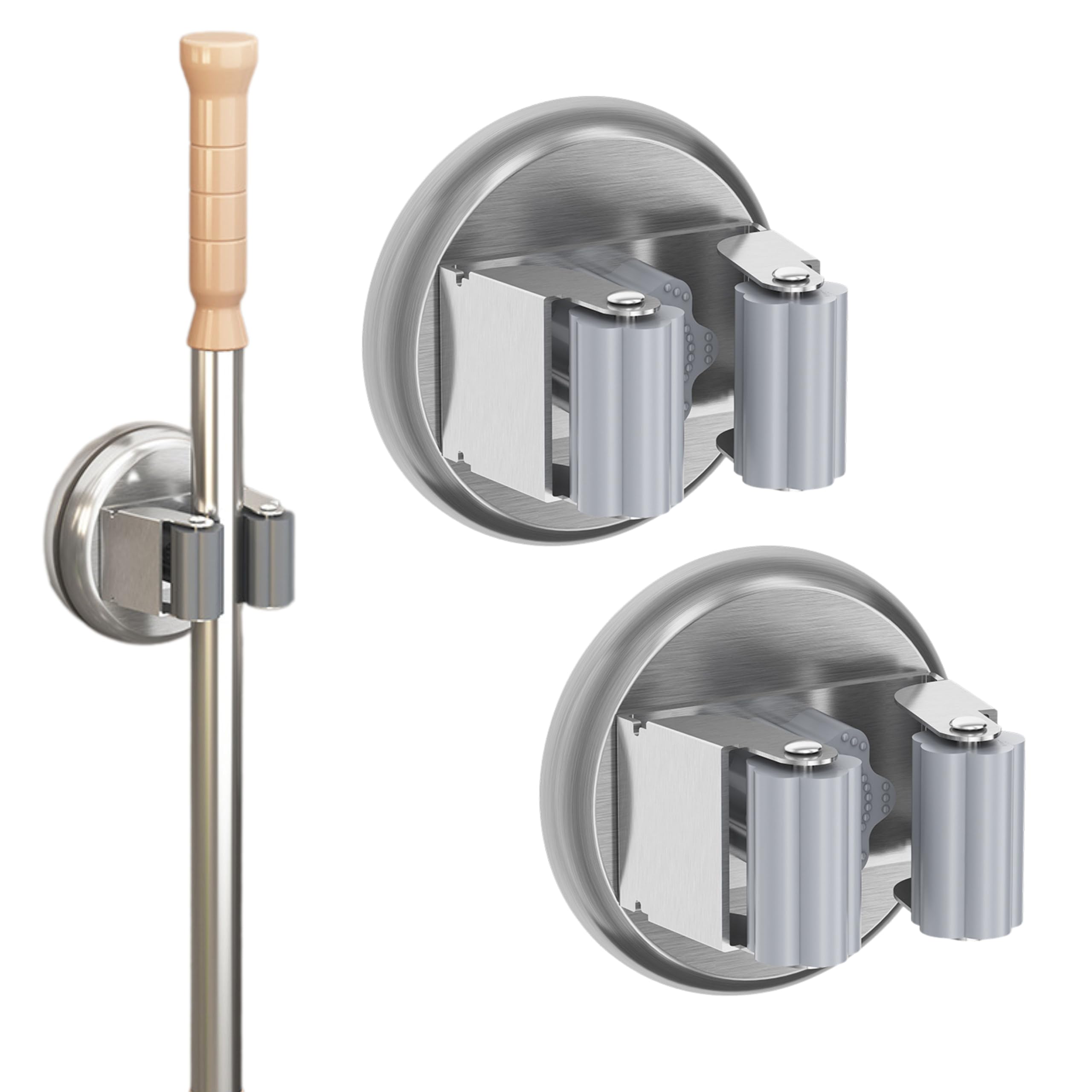 

East Leaf Mop Holder, Suction Cup Type, Strong Mounting, Wall-Mounted, Cleaning Tool Storage, Set of 2, Non-Slip, Stainless Steel, Silver