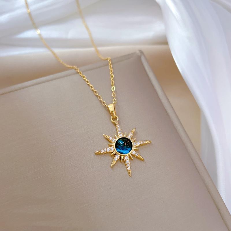 Gorgeous Vintage Sun Planet Copper Inlaid Zirconia Pendant Fashion Boho Style Stainless Steel Chain Women's Fine Jewelry Gift