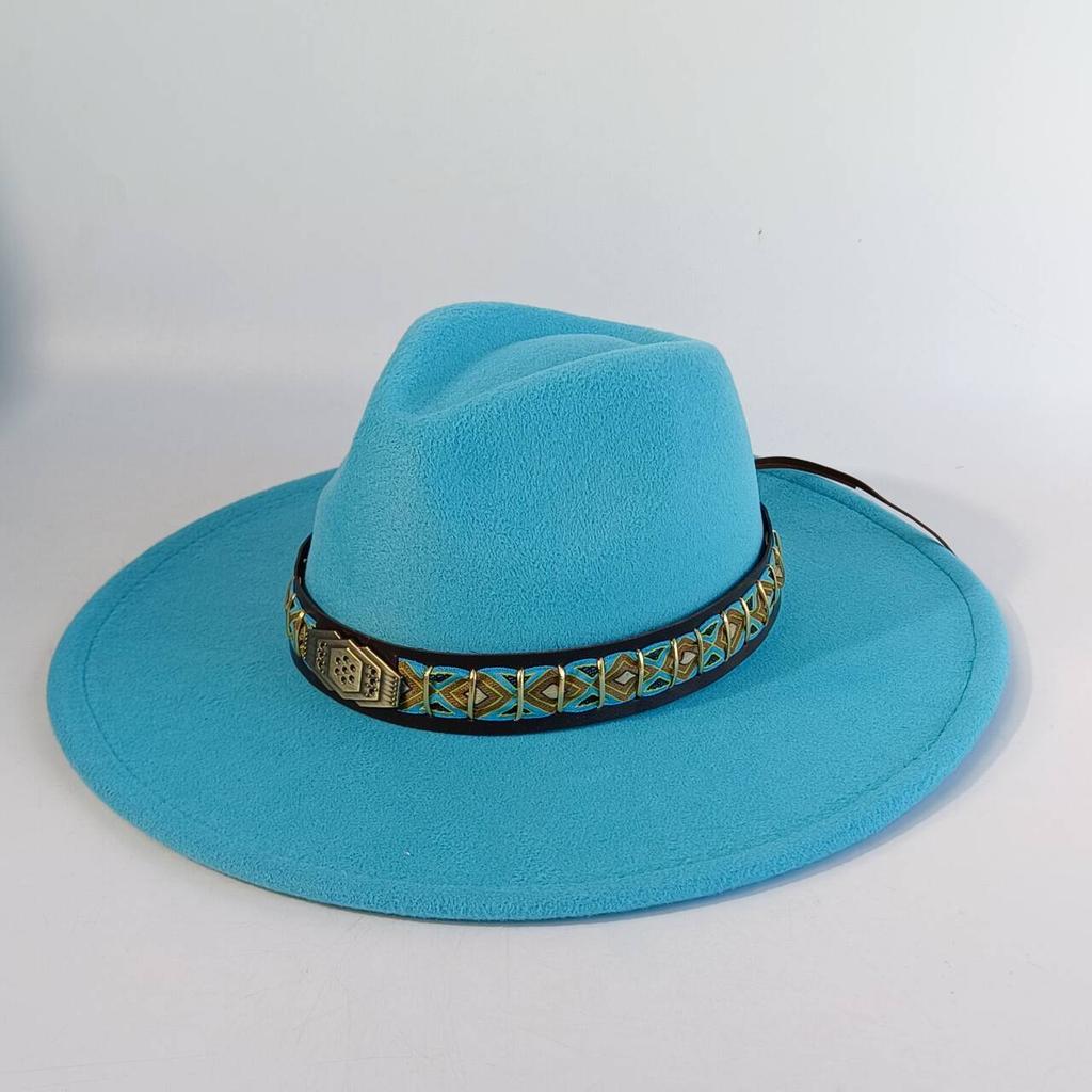 Felt Hat with Vintage Leather Belt, Fashionable European and American Jazz, Classic Church Style, Wide Brim, 9.5cm