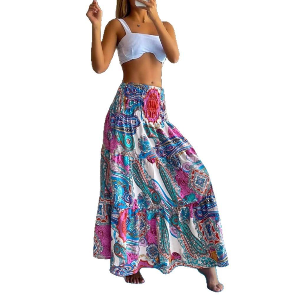 Women's Summer Elastic Waist Loose Long Printed Skirt