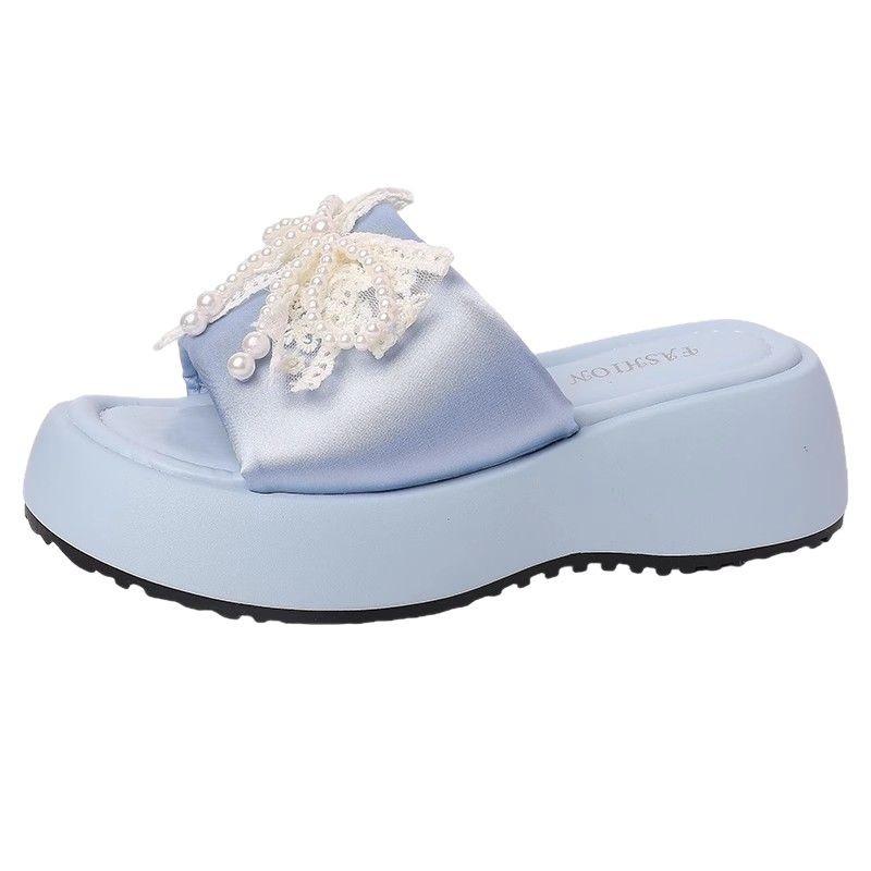 Thick-soled Slippers for Women's New Summer Models, Not Tired of Stepping On Shit, One-word Sandals, Bows, Advanced Sense of Camping Slippers for Wome