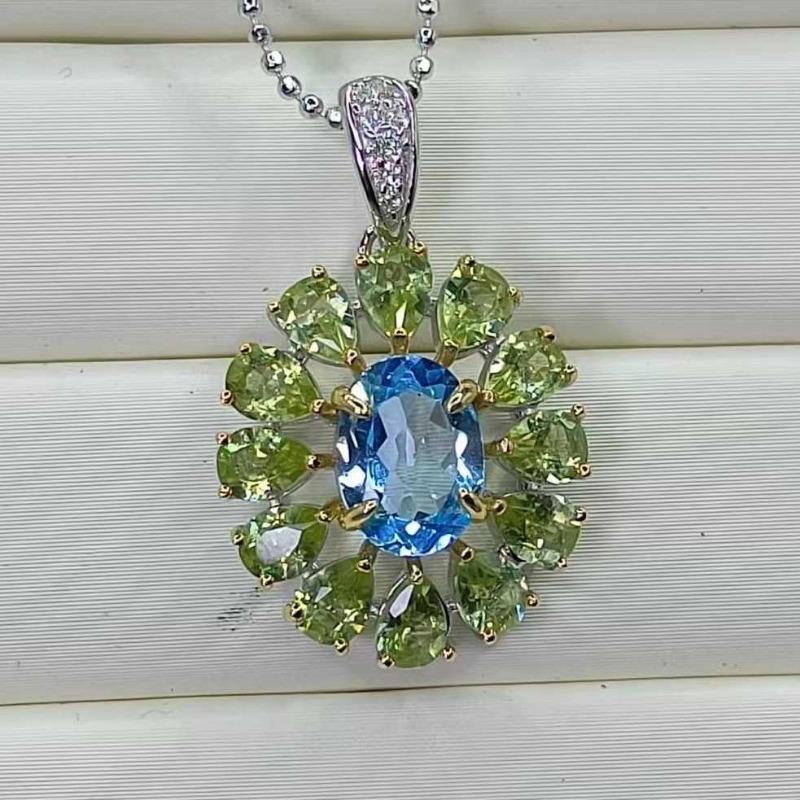 Sace Gems Anhänger für Damen, 925er Sterlingsilber, natürlicher Schweizer Blautopas und Peridot, Halskette, edler Schmuck, Geschenke