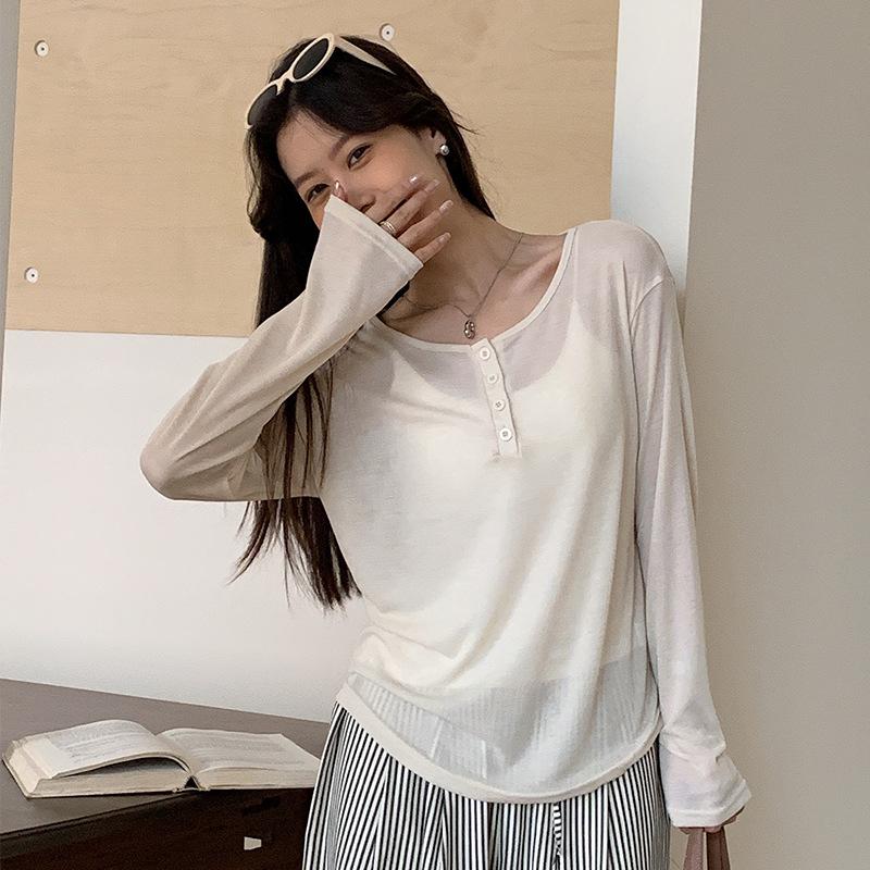 

Cover Up Long Sleeve White Loose Sun Protection Base Layer Women Summer Thin Layer Shirt Lapel One Size