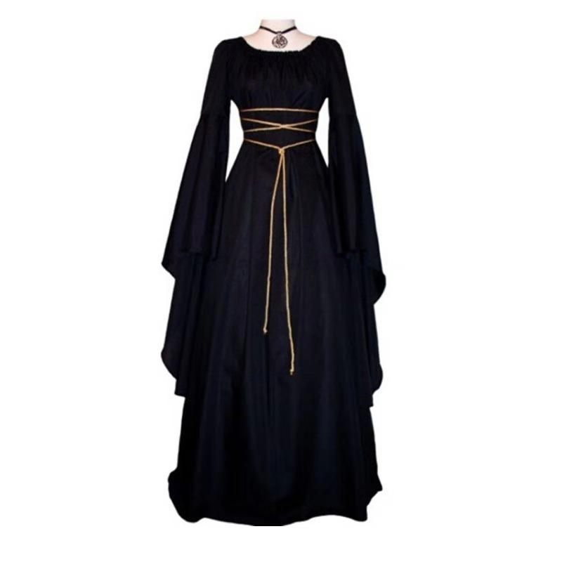 Neues Langarm Rundhals Gürtel Unregelmäßiges Damenkleid Halloween Vintage Kostüm