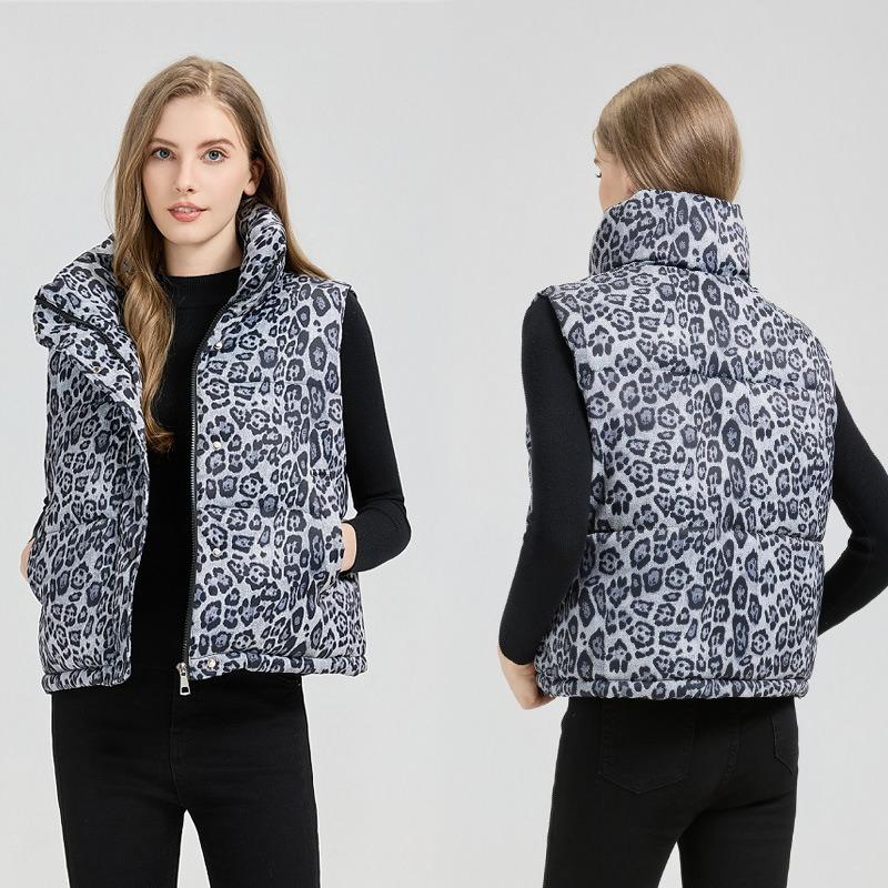 Down cotton vest women's autumn and winter new loose cotton vest leopard print vest jacket