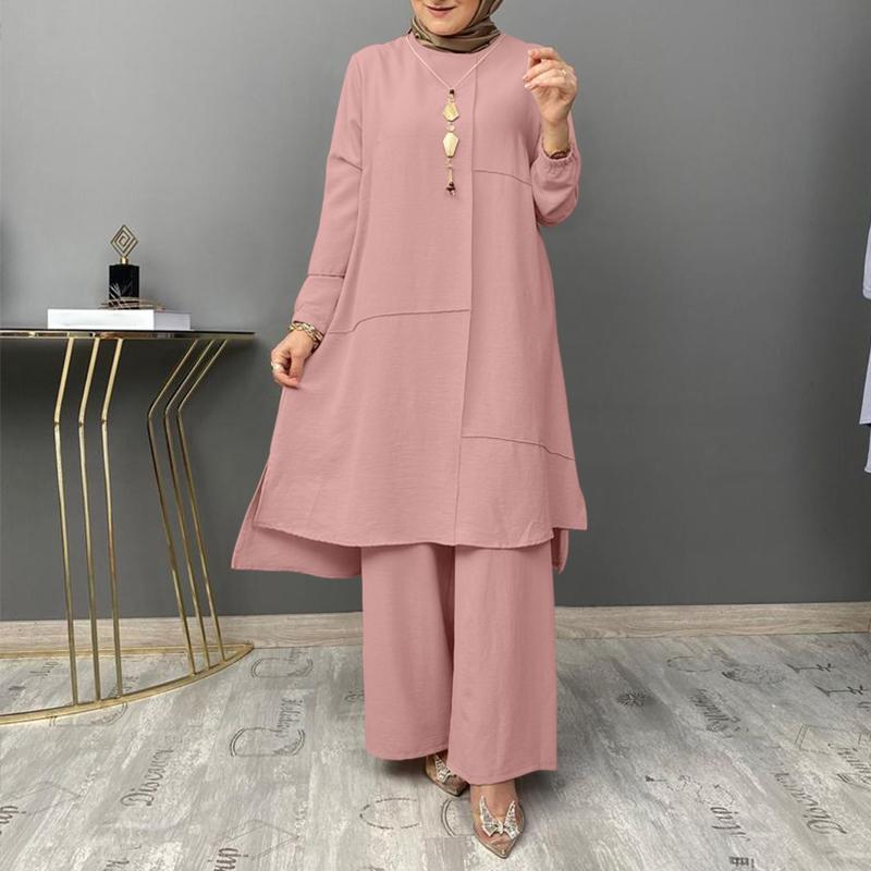 ZANZEA Women Muslim Long Blouse and Pants Casual Two Piece Suit Sets