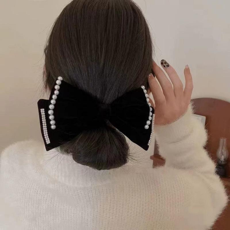 

Заколка для волос в стиле принцессы на затылок, головной убор с бантом, пружинная заколка, жемчужная заколка для волос, аксессуар для волос Pearl velvet - black