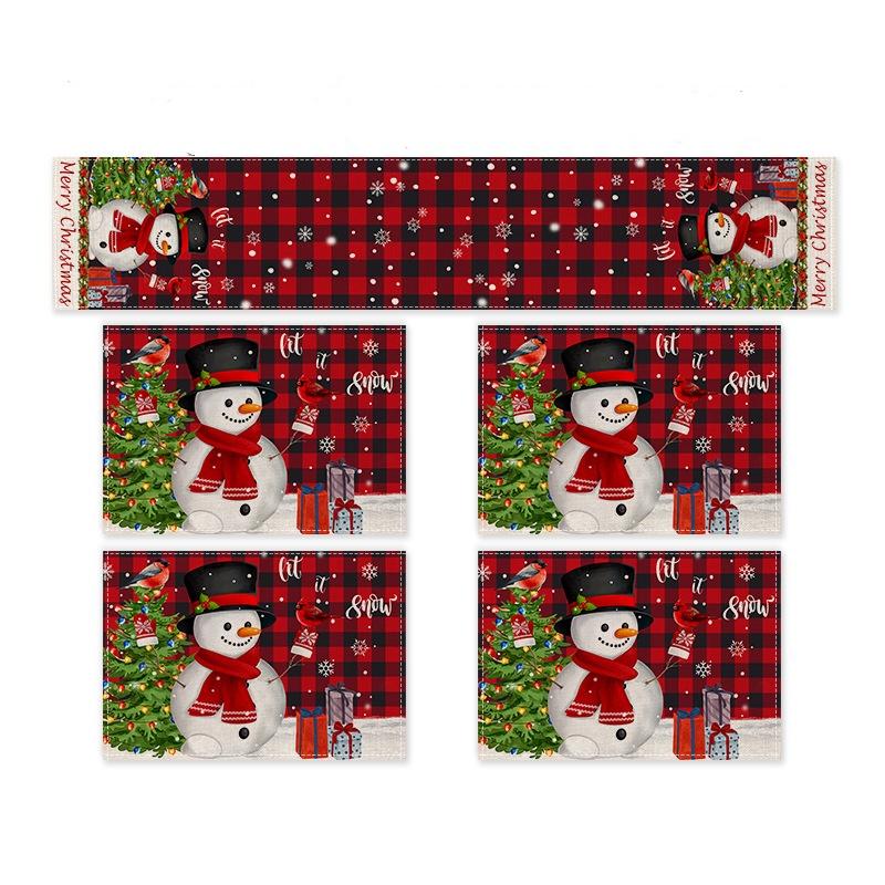 5Pcs Christmas Buffalo Plaid Placemats And Table Runner Set Cute Snowman Print Heat Resistant For Christmas Decoration