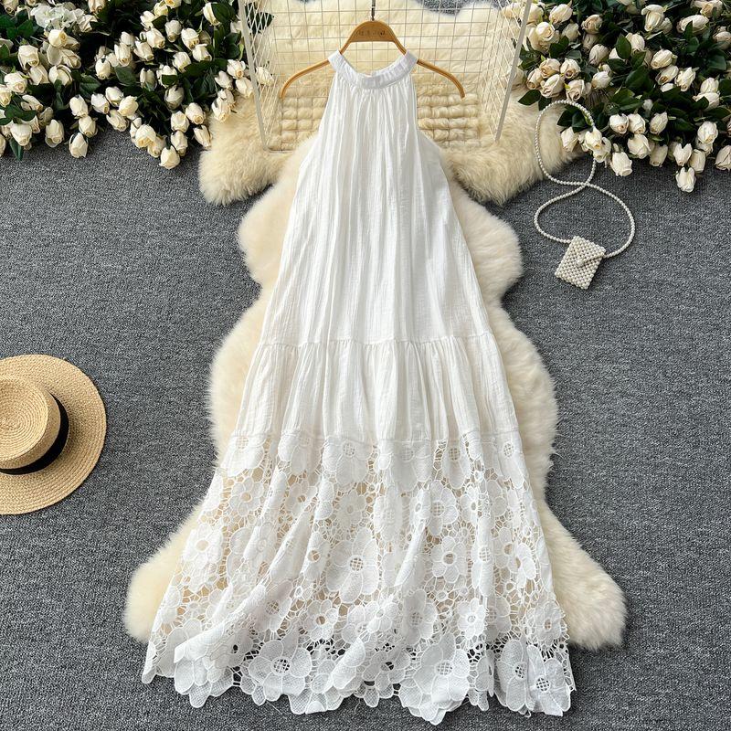 

White Fairy Dress 2024 Summer New Arrival Fancy Sleeveless Halter Lace Patchwork Loose Temperament Long Dress White S