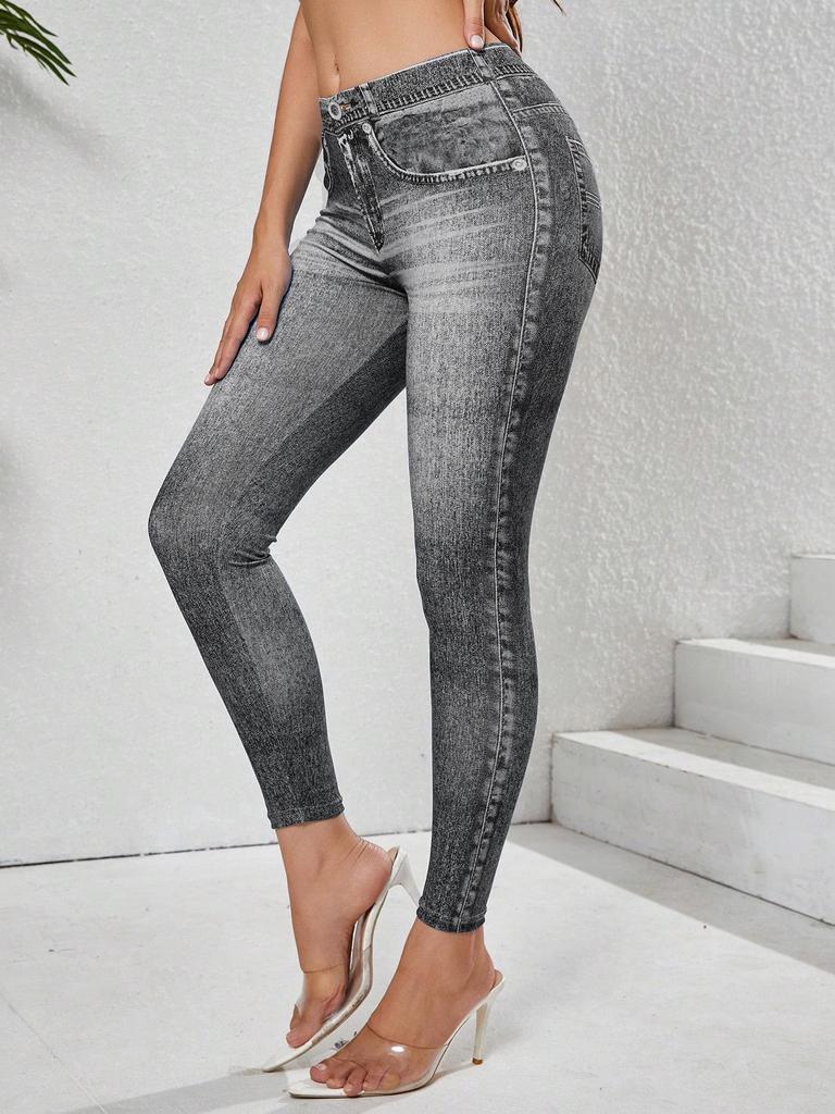 Vintage High-Elastic Faux Denim Yoga Pants for Women