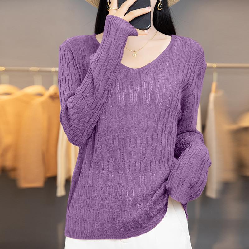 Autumn Thin Women's Fine Imitation V-neck Knitted Sweater Women's Long-sleeved Hollow Bottoming Shirt Women's Batch
