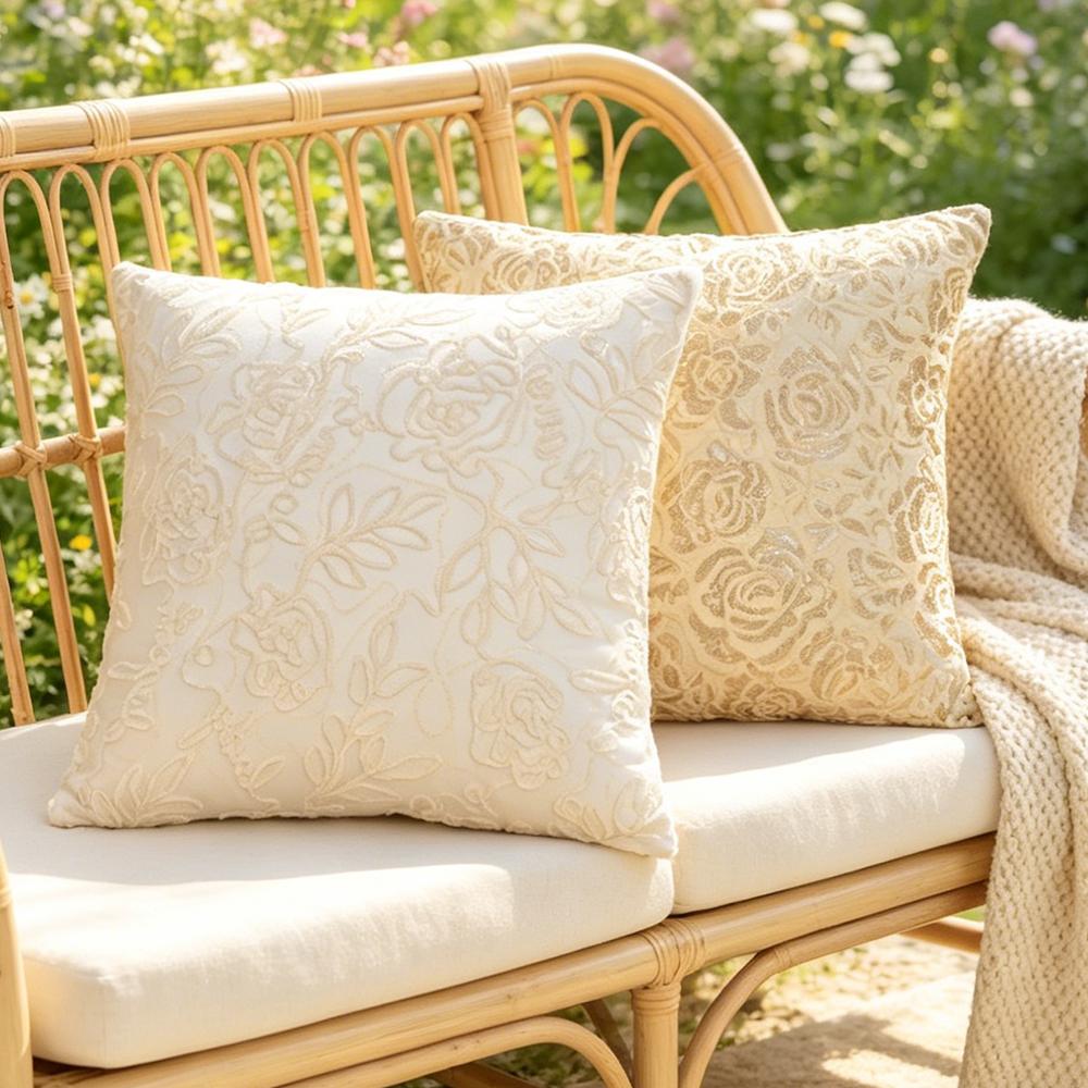 BuyNow 1PC Sequined Embroidered Floral Pillowcase Beige Cushion Cover for Living Room Sofa Home Party Bedroom Decor Sofa Cushion