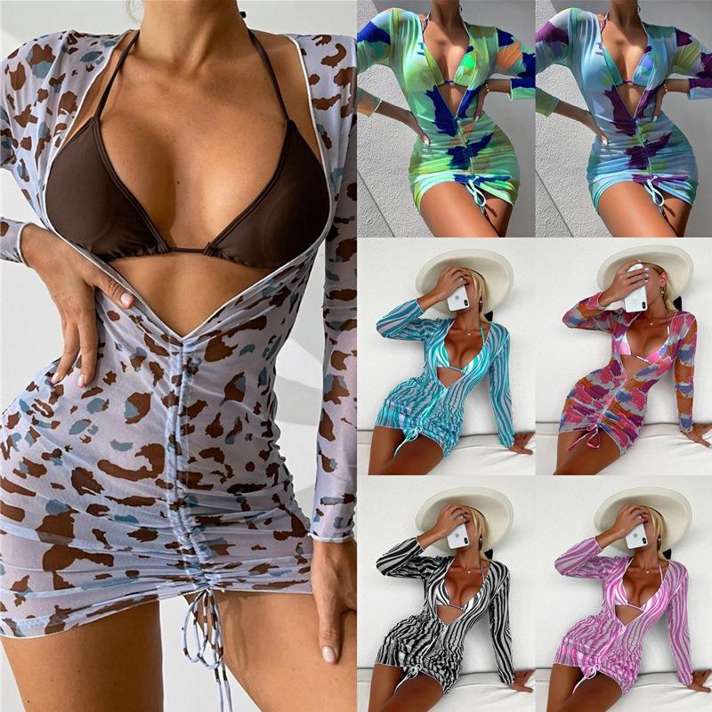 New Transparent Mesh Digital Three-piece Printed Sunscreen Beach Bikini Swimsuit