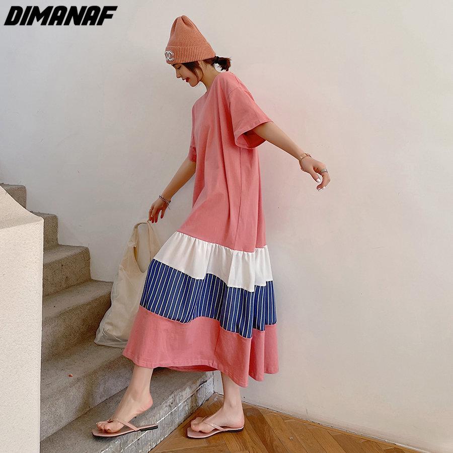 DIMANAF Women 2023 New Summer Style T-Shirt Dress Striped Print Elegant Long Dress Loose Long Dress O-Neck Dresses