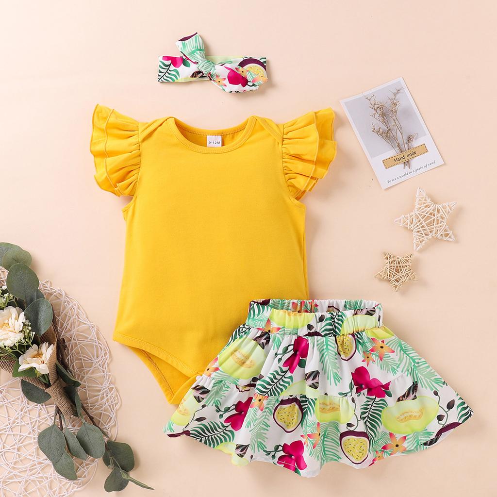 Newborn Infant Baby Girls Fly Sleeve Romper Floral Skirt Hairband Outfits Sets