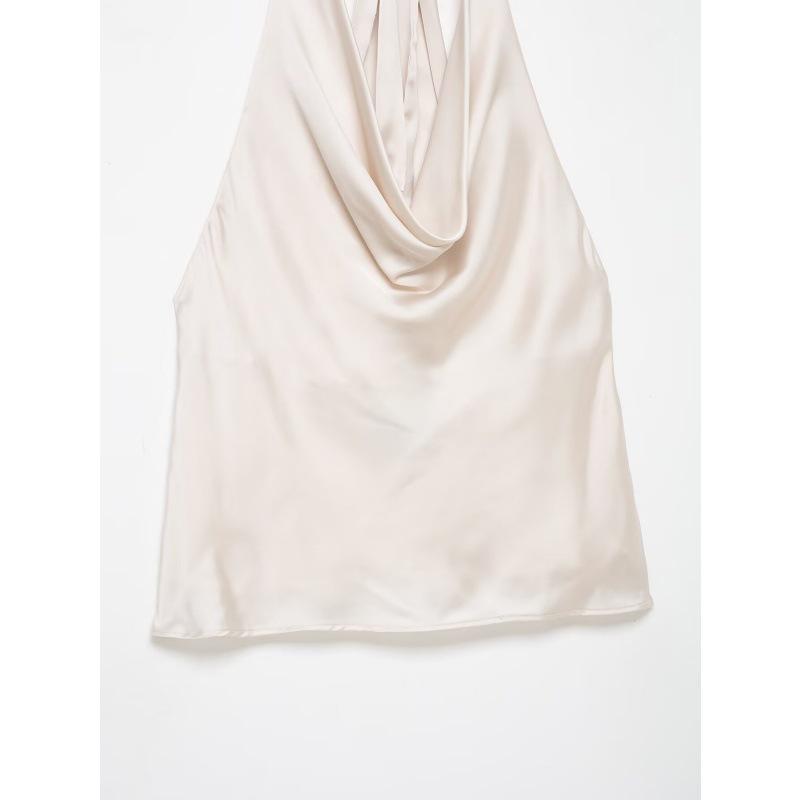 2025 Silk Satin Halter Neck Sleeveless Top with Draped Collar