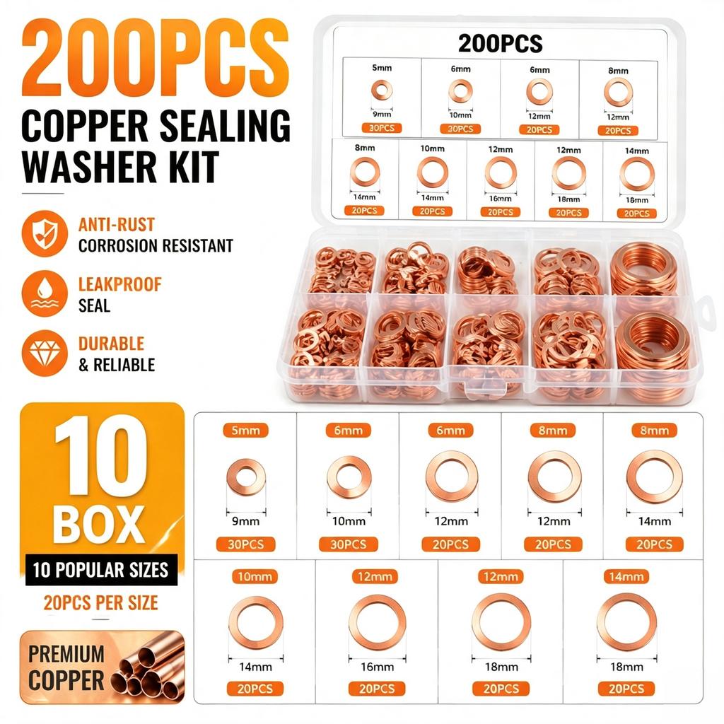Boxed 111PCS Copper Flat Washers Sealing Ring Gasket O Ring Kit M1 M6 M8 M11 M11 M11 Oil Seal Set Assortment