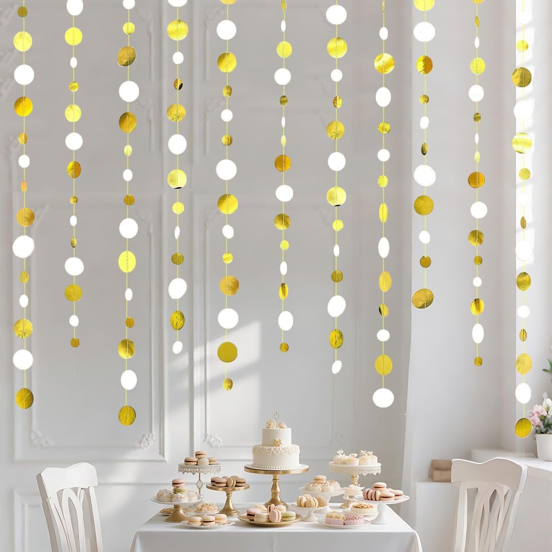 Glitter White and Gold Circle Dots Paper Garland White Gold Circle Dot Streamer 40 Feet Polka Dot Hanging Bunting Banner Backdrop for Birthday