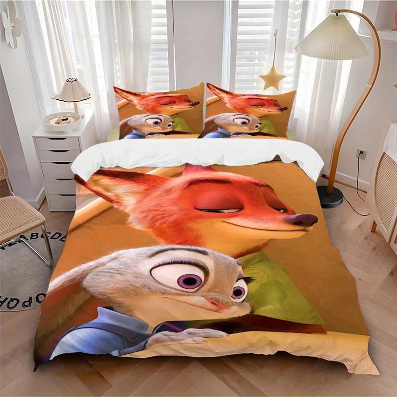 3pcs Cartoon Zootopia Nick & Judy Printed Quilt Set - Includes 1 Quilt Cover and 2 Pillowcases, Machine Washable - Suitable for All Seasons.S013