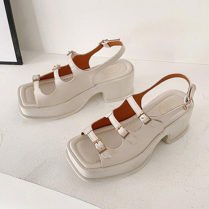 2024 Spring New Thick Sole Thick Heel Open Toe Roman Casual Sandals with Buckle Square Head Fashion Comfortable Women's Shoes
