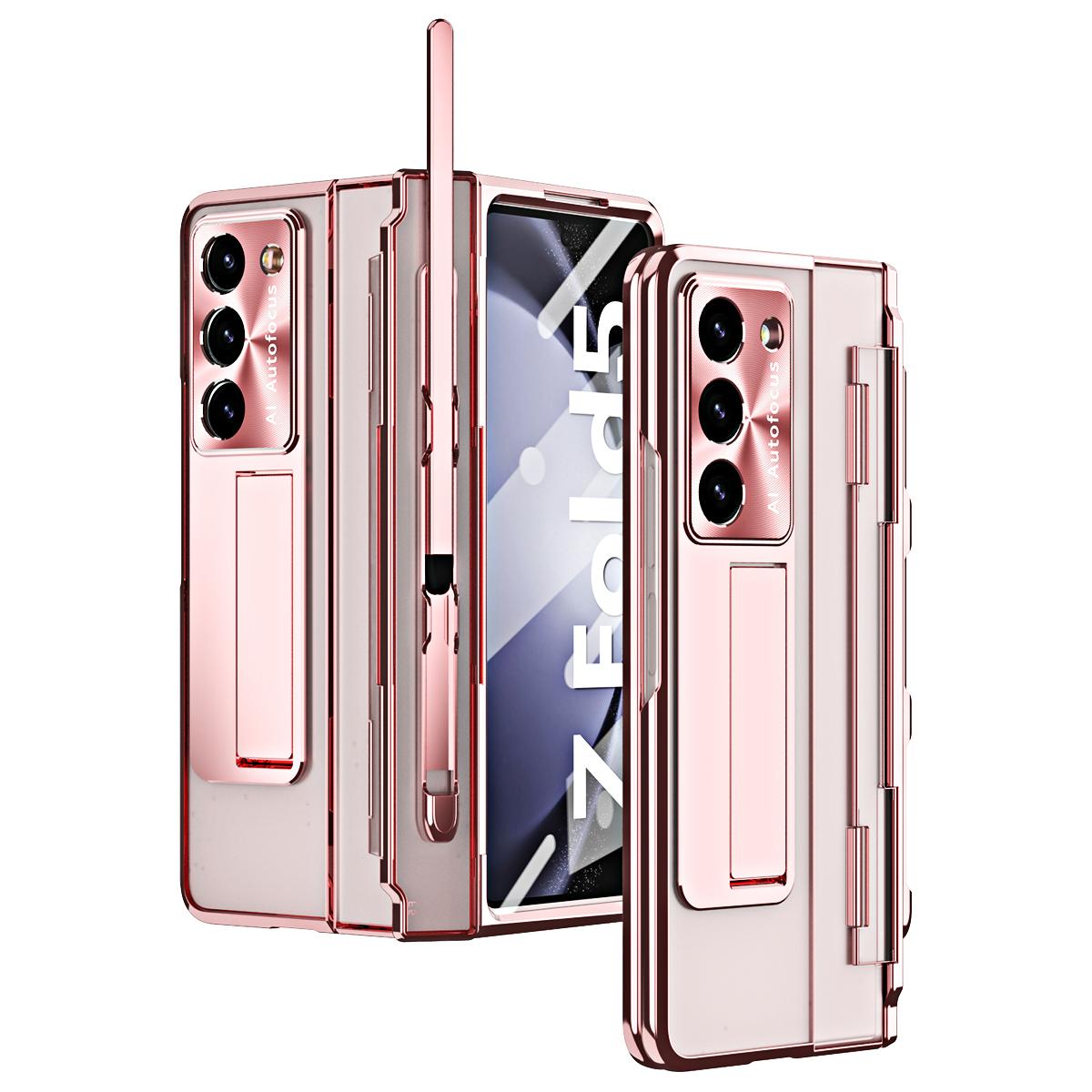 

С держателем для ручки для Samsung Galaxy Z Fold 6 5 4 3 Чехол-шарнир с магнитным покрытием Бронированная подставка Прозрачный полный защитный чехол For Galaxy Z Fold 6 розовый