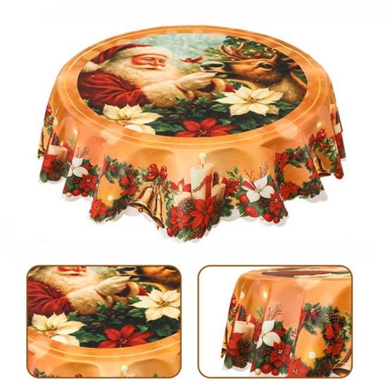 Christmas Round Tablecloth 60 Inch Wrinkle-Free Santa Claus Table Cover Retro Tablecloth Winter Decoration for Home Dining Table