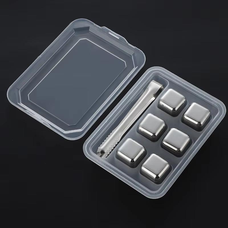 6pcs/set Stainless Steel Reusable Ice Cubes Chilling Stones with Tongs Whiskey Stones Drink Coolers for Wine YY021