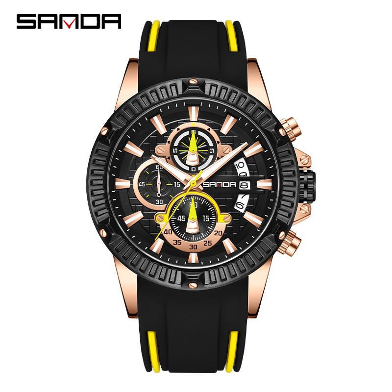 Sanda Men's Classic Quartz Wristwatch with Silicone Band, Three Sub-dials, Calendar & Luminous Markers.