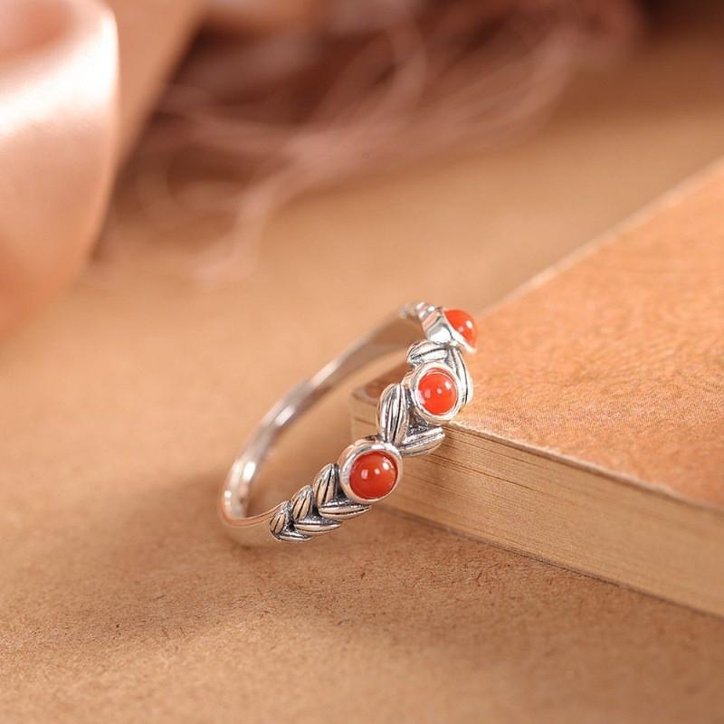 Adjustable Open Ring With Red Agate Wheat Motif Minimalist Vintage Boho Jewelry Women Men