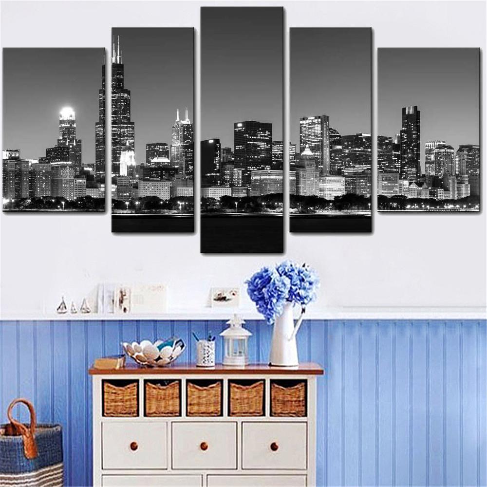 Wall Art Canvas Paintings Pictures Modular 5 Pieces Black And White City HD Prints Scenery Poster Living Room Home Decor No Frame