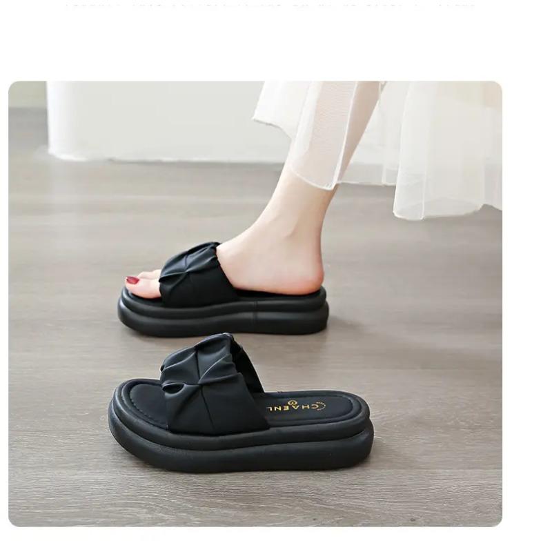 Women's Ruched Platform Slide Sandals Thick Sole Non-Slip Casual Slippers for Summer & Beach