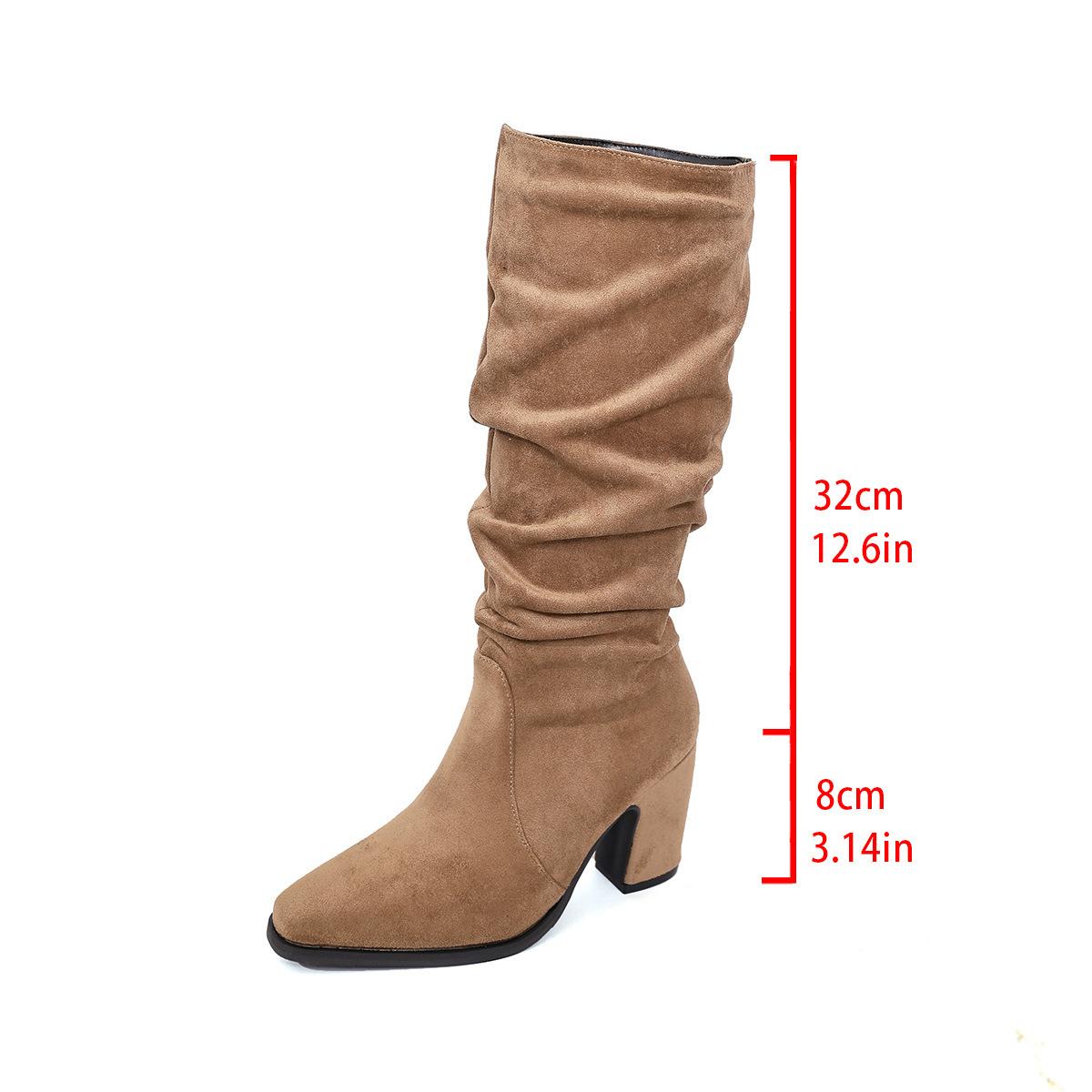 

Плиссированные остроносые модные ботильоны на высоком каблуке женские 2025 зима новые на толстом каблуке больших размеров высокие ботинки 43 верблюд