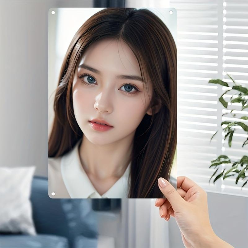 Placa de Metal com Rosto de Mulher Estilo Coreano - Pôster de Ferro com Retrato Feminino Minimalista Para Casa, Café, Bar e Presente de Natal