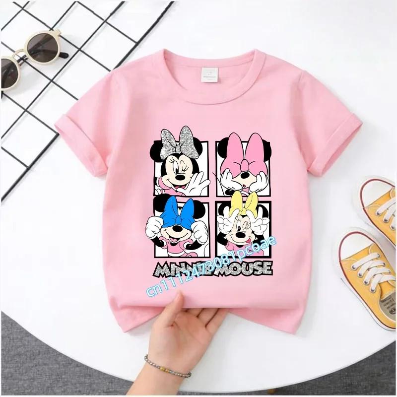 New Mickey Minnie childrens pure cotton shortsleeved boys sports shirt girls casual top with cartoon print summer Tshirt