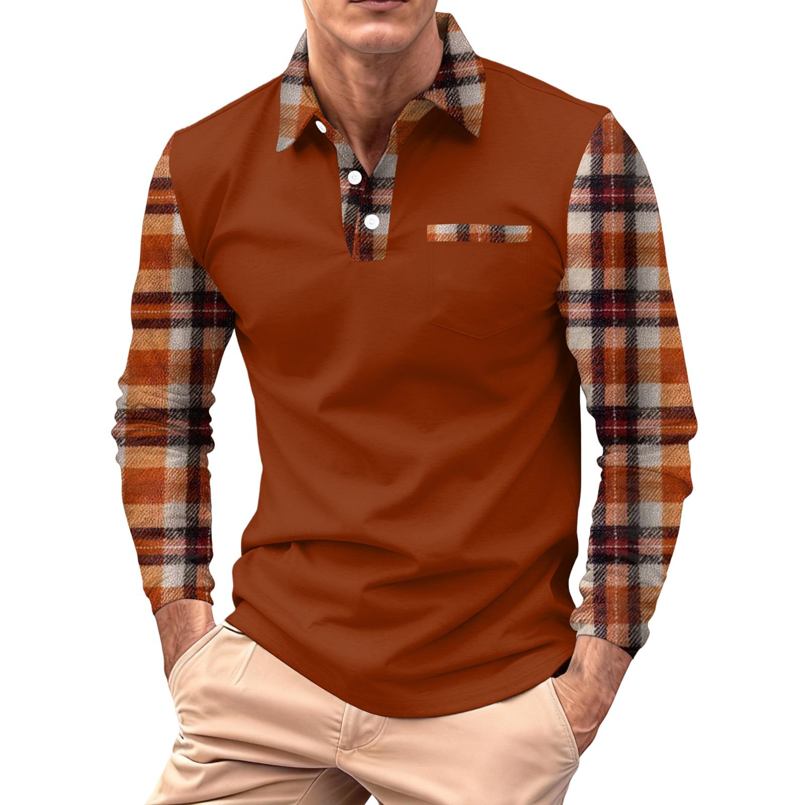 

Men s Long-sleeved Collared Button-down Pocket Casual Top XL червоний