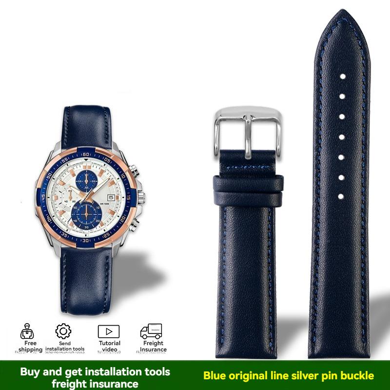 

For Casio EDIFICE Watch Ocean Heart EFR-539L Racing F1 Cowhide Watch Bands EFR-539 Black Blue Male Calfskin Wristband 23mm 23mm-width