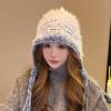 Women's Tassel Long Braid Plush Knitted Hat Face Showing Small Cold Warm Ear Protection Fashionable and Versatile Cold Hat