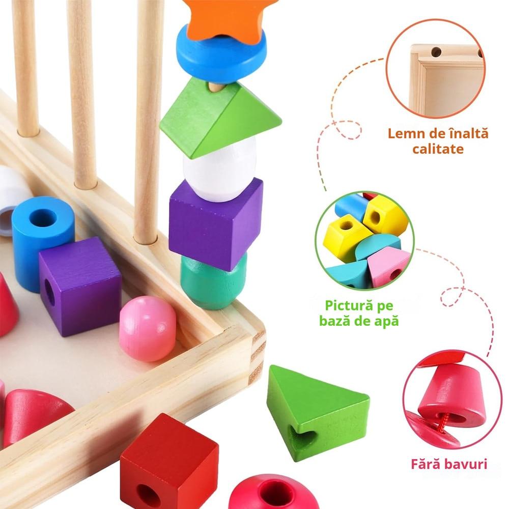 Montessori Bead Sequencing Set, Wooden Bead Toys for Toddlers, Color Matching Shape Stacker, Educational Toys for Preschool Learning Ages 2-5