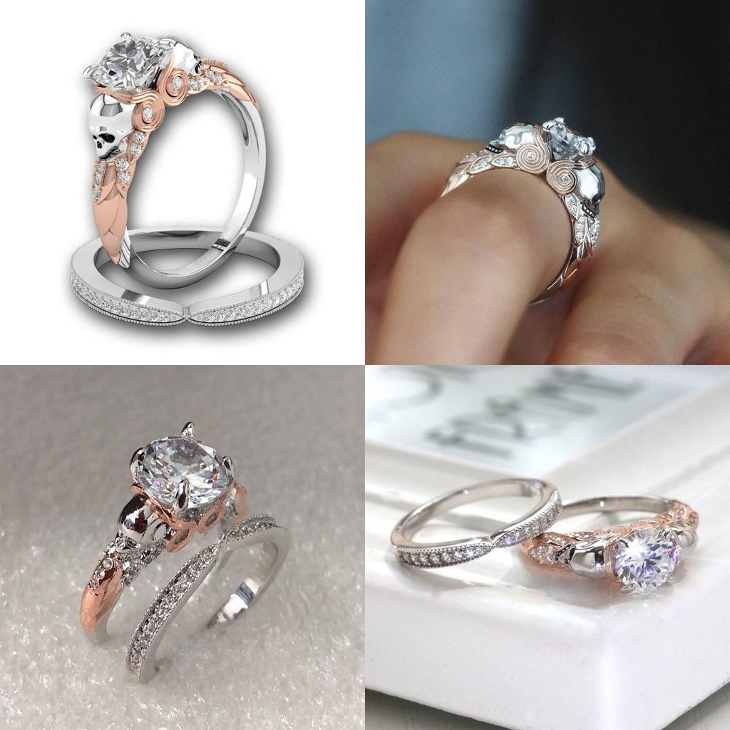 Creative Fashionable Couples Skull Ring With Dual Color Diamond Design In Alloy Material